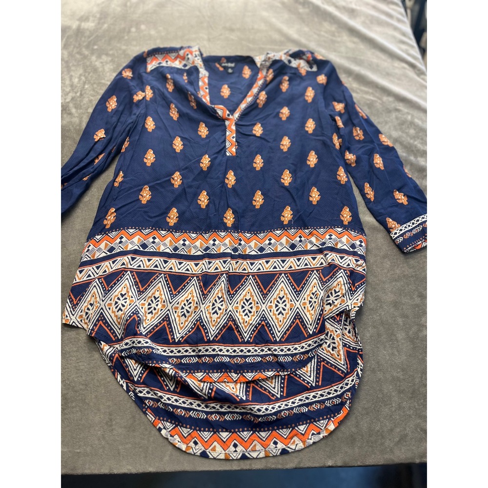 Lucky Brand Women Navy Blue Orange Tribal Print Split V-Neck Tunic Blouse Medium
